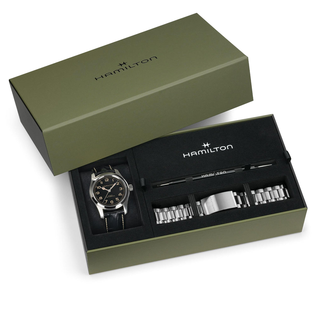 Hamilton Khaki Field Murph H70605732 box set featuring an automatic timepiece, extra stainless steel bracelet, and strap tool