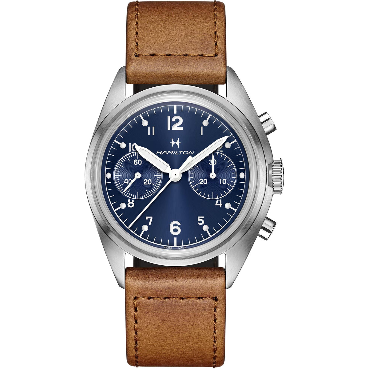 Hamilton Khaki Aviation 40mm Chronograph blue dial brown leather mechanical watch H76409540 front view