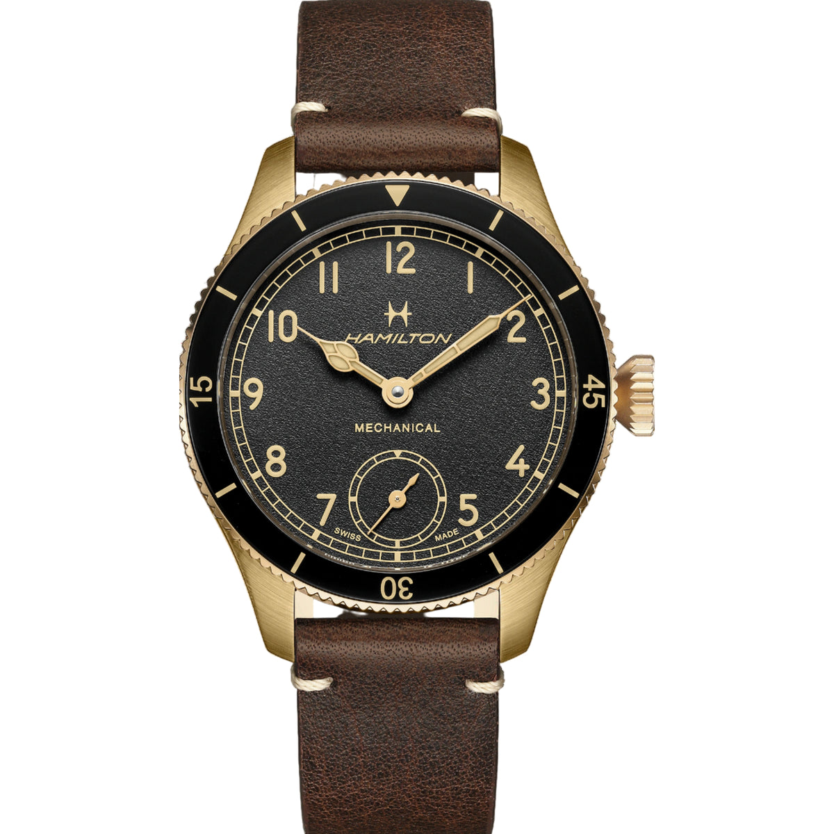 Hamilton Khaki Aviation 43mm Pilot Pioneer bronze black dial leather mechanical watch H76709530 front view
