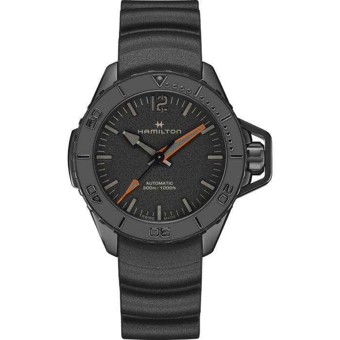  Hamilton Khaki Navy Frogman 46mm black dial rubber automatic dive watch H77845330 front view