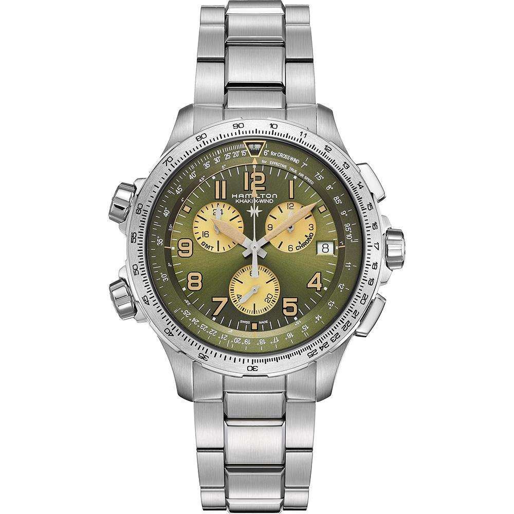 Hamilton Khaki X-Wind GMT Chrono Quartz Green Dial Steel Strap Men's Watch H77932160