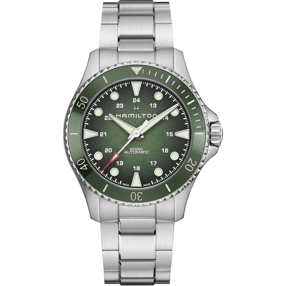 Hamilton Khaki Navy Scuba H82525160 43mm automatic mens watch front view showing green dial and stainless steel bracelet