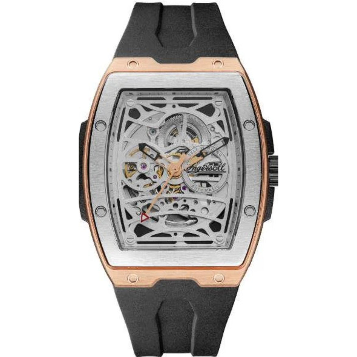 Men's automatic skeleton watch with black rubber strap and rose-gold case, exposed gears dial.