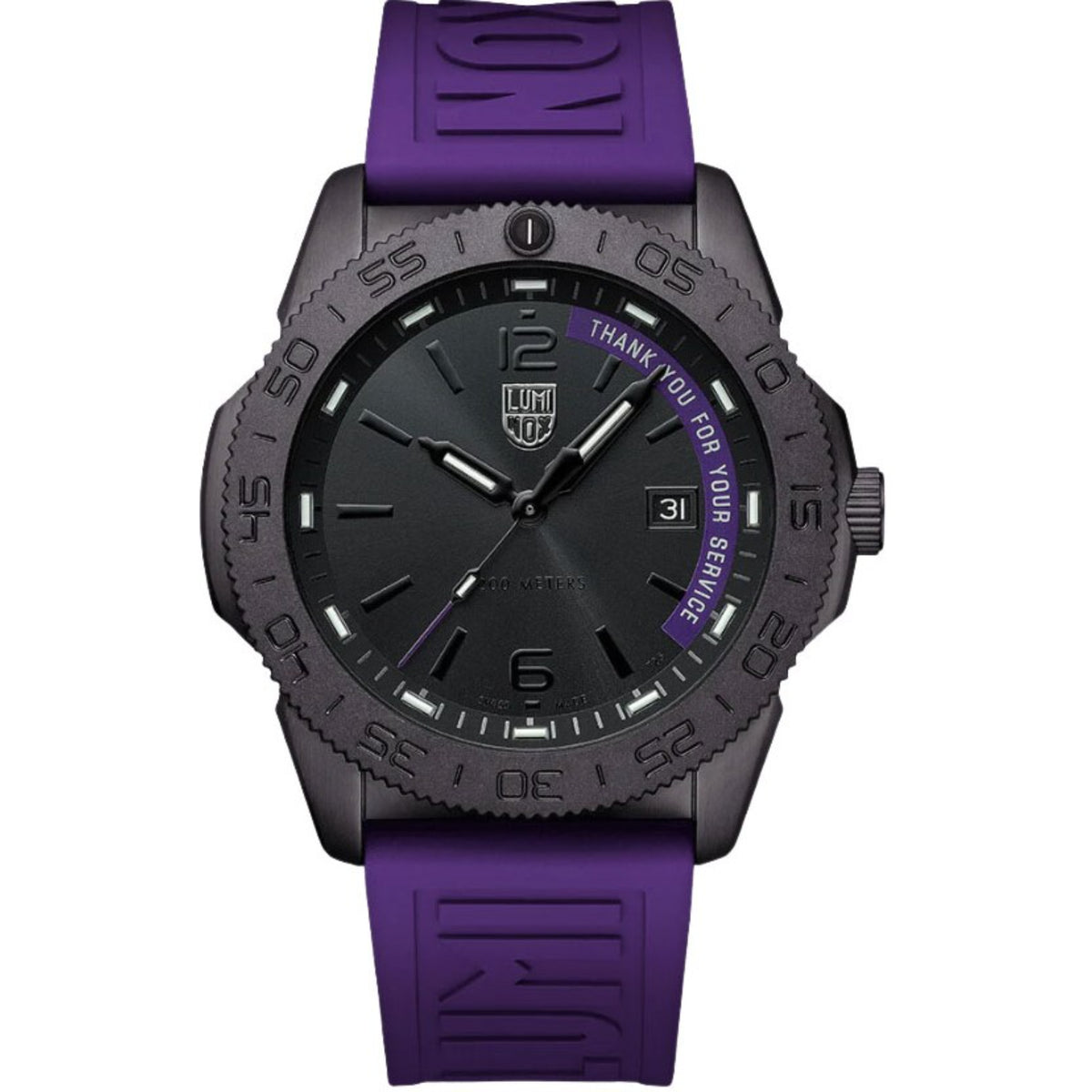 Men's dive watch with black dial, black bezel markings, and purple silicone strap