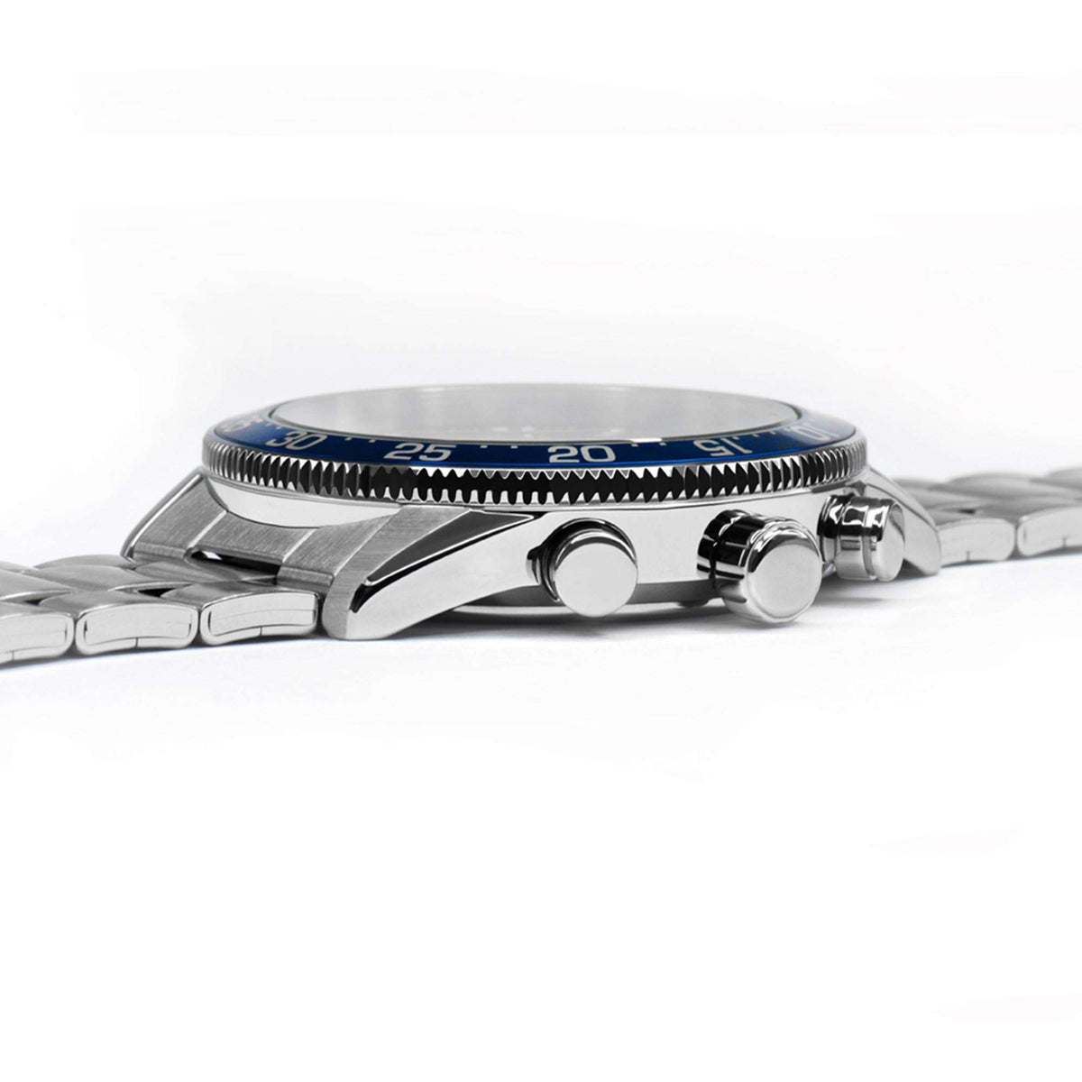 Men's stainless steel watch side view with blue bezel and crown at 3 o'clock.