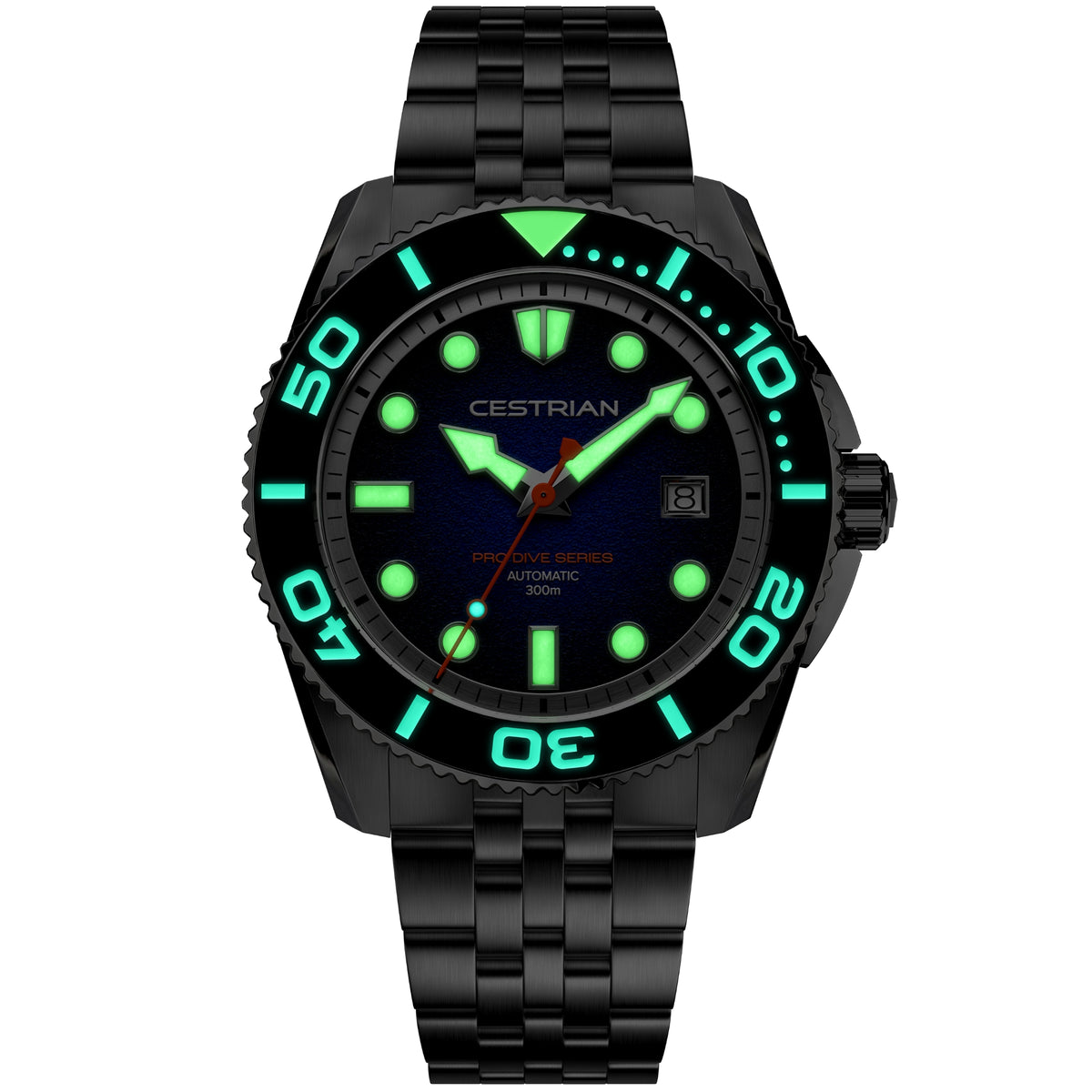 Cestrian men's dive watch, green luminous dial, black steel bracelet, bezel markers