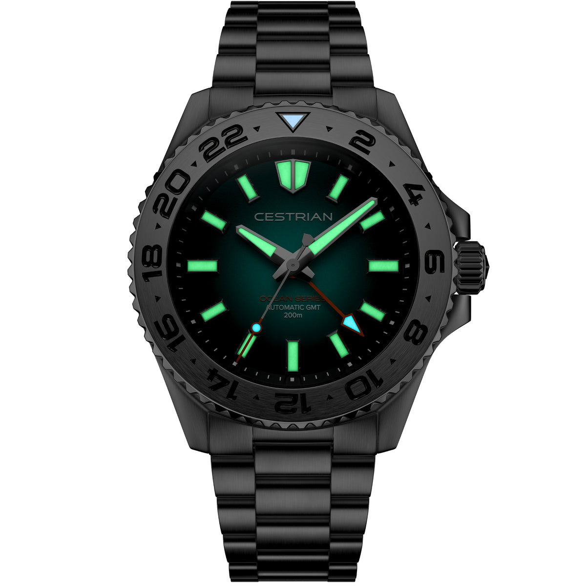 Men's automatic GMT watch with black steel bracelet, dark bezel, and green-accent dial