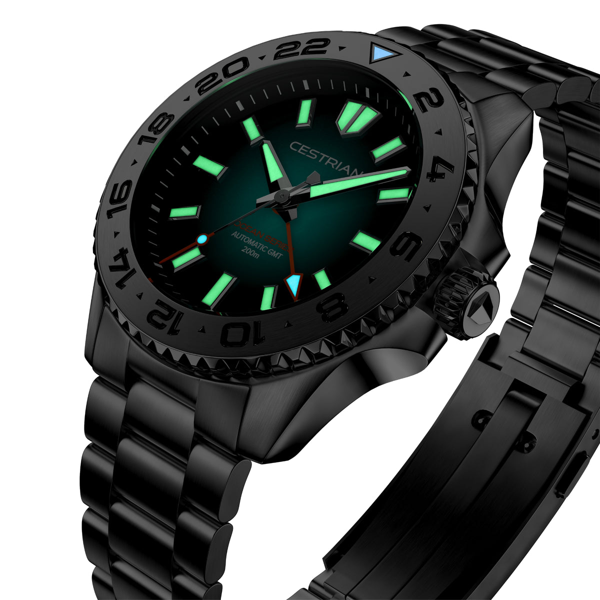 Men's automatic GMT watch angled view, green dial, dark steel bracelet and crown