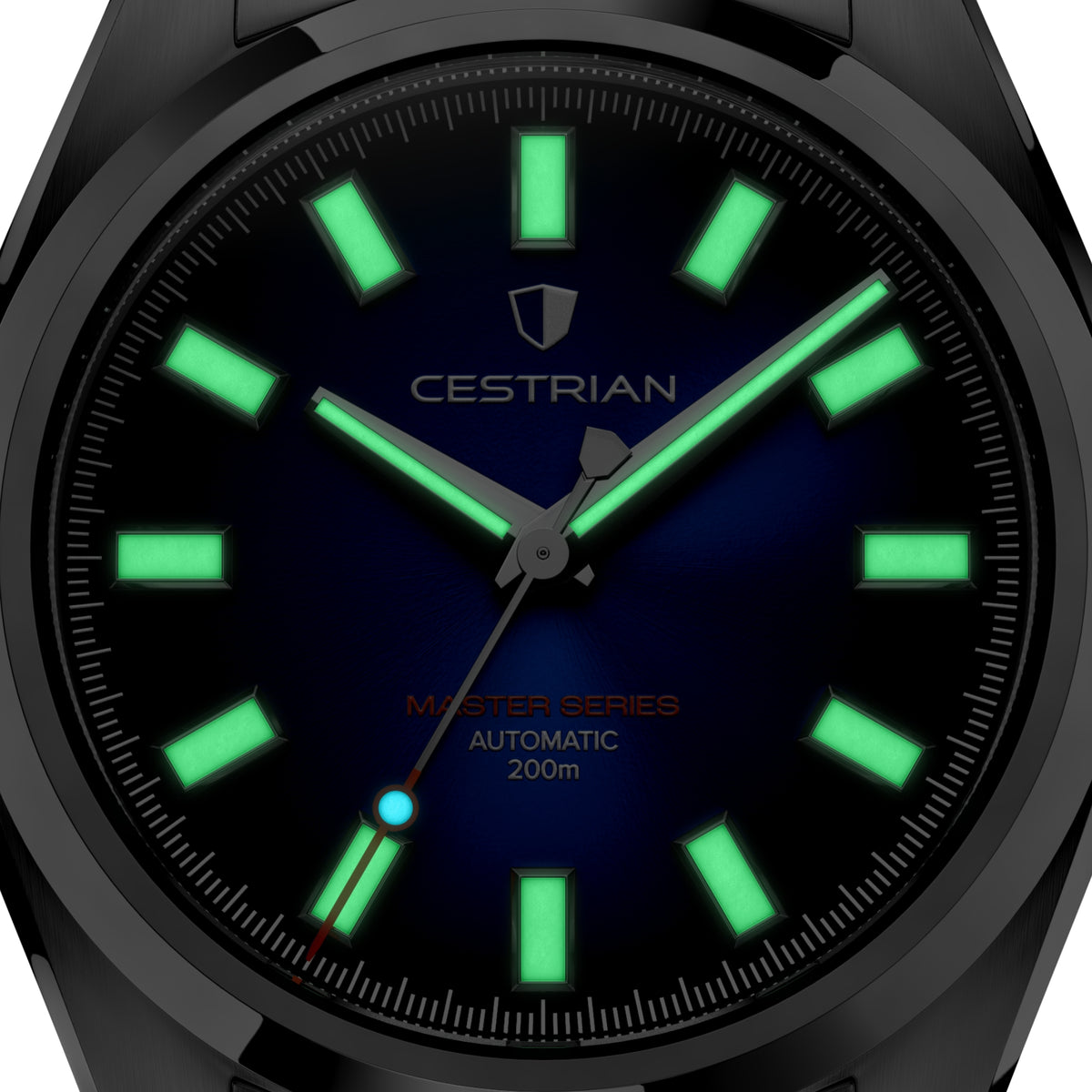 Close-up of black automatic men's watch dial with green glowing numerals and hands