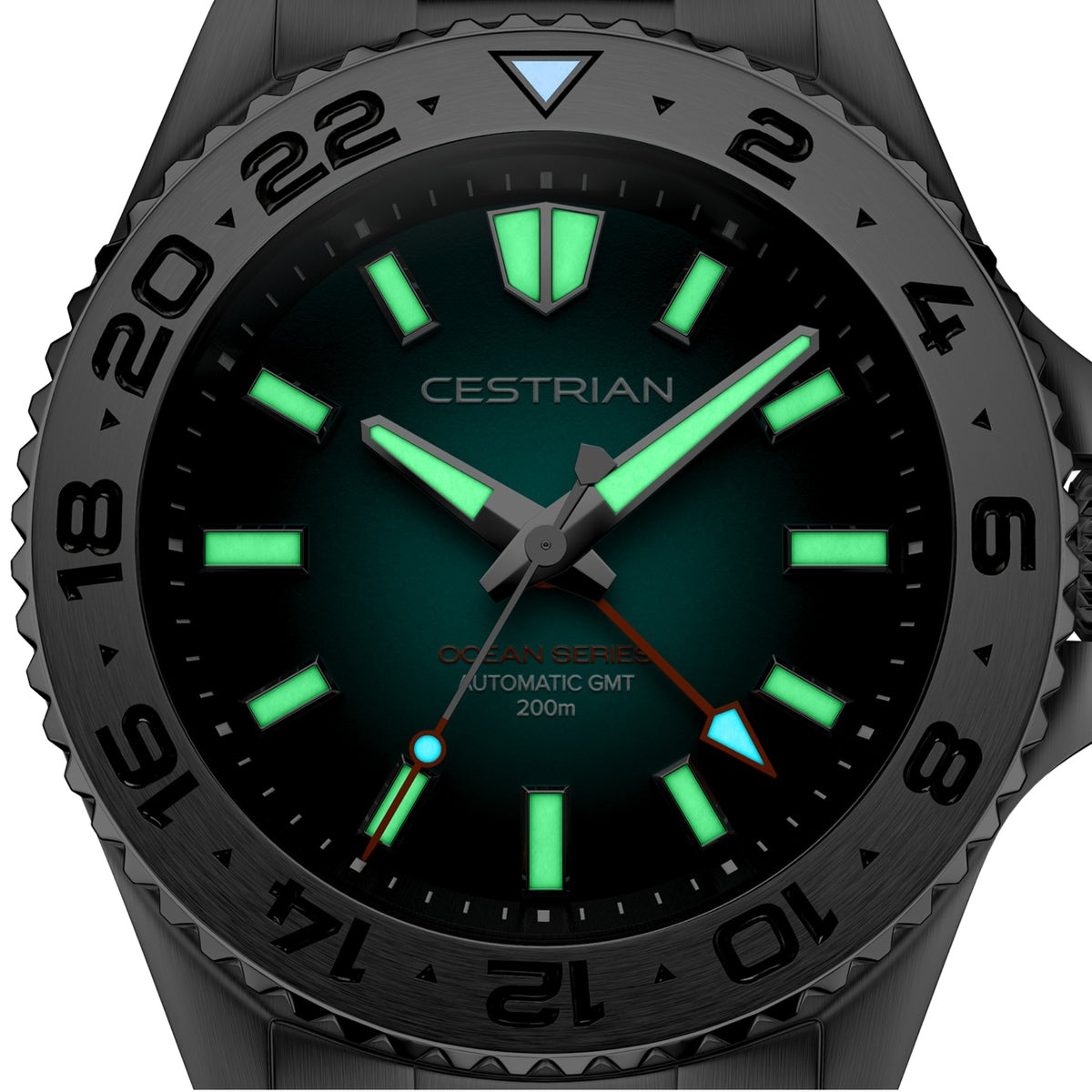 Men's automatic GMT wristwatch, dark green dial with green hour markers on black case