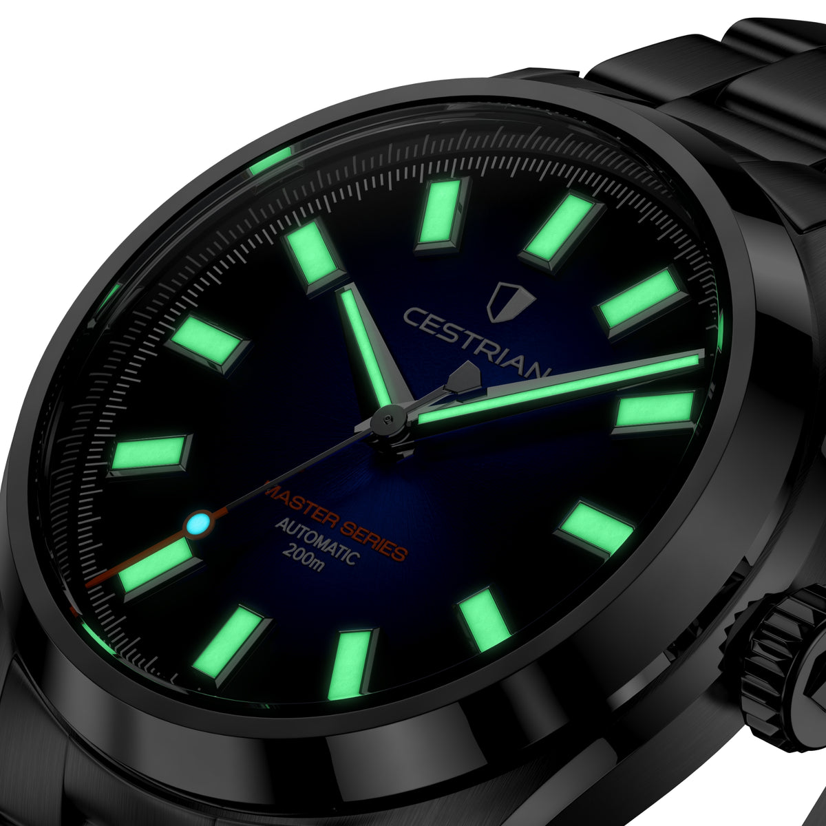 Black automatic men's wrist watch with green luminous markers and thick bezel