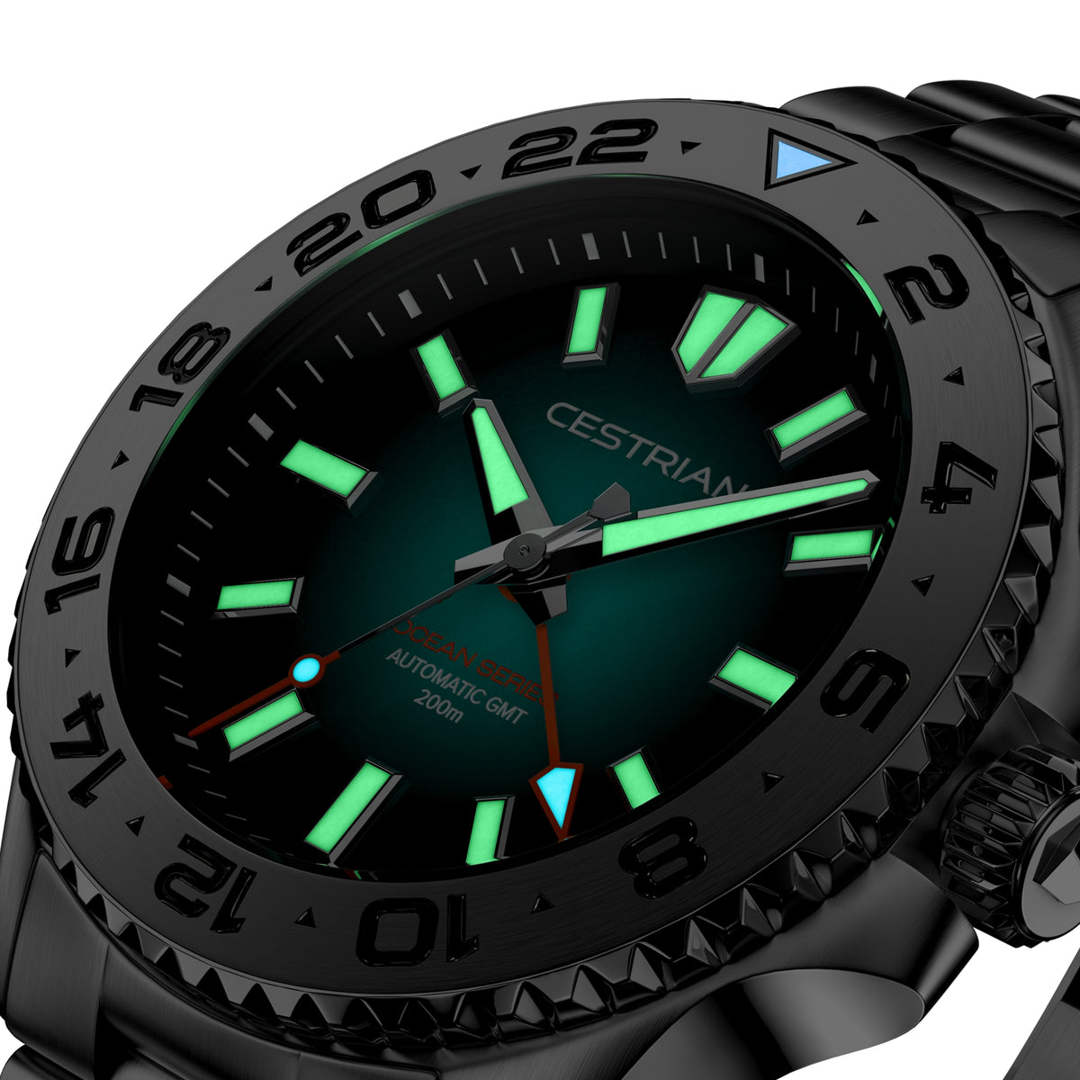 Men's automatic GMT wristwatch close-up with black bezel and green-accent dial
