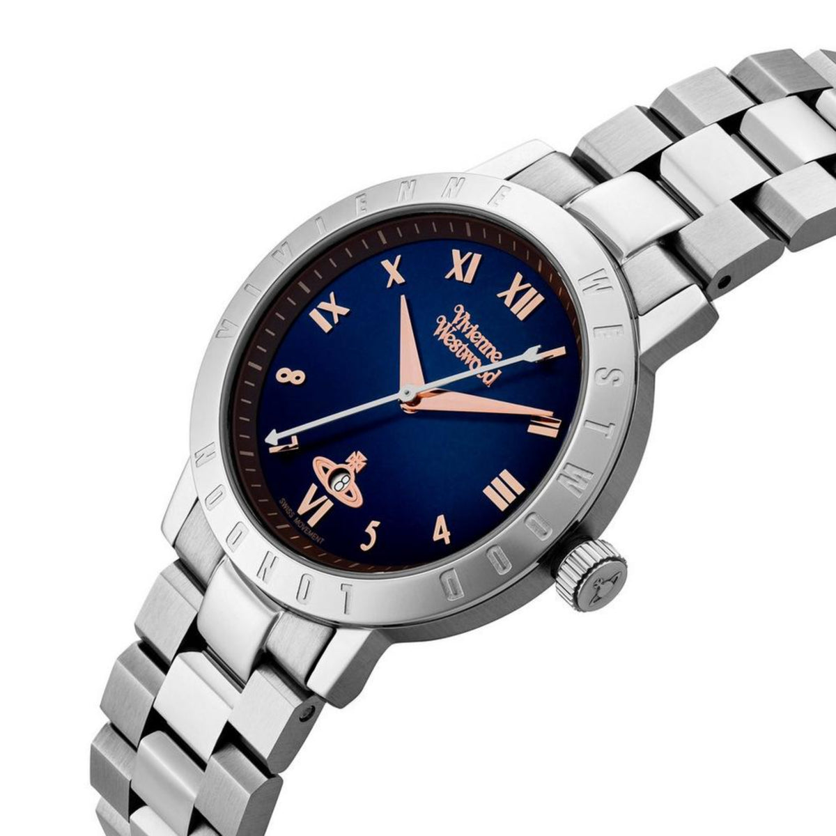 Blue dial steel wristwatch with Roman numerals, star logo accents, silver link bracelet