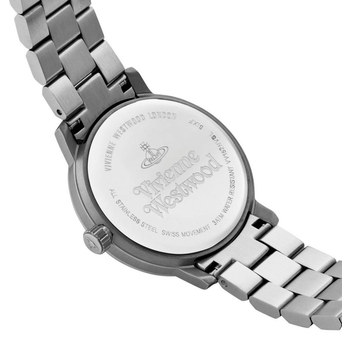 Engraved stainless steel watch back on silver link bracelet, side view
