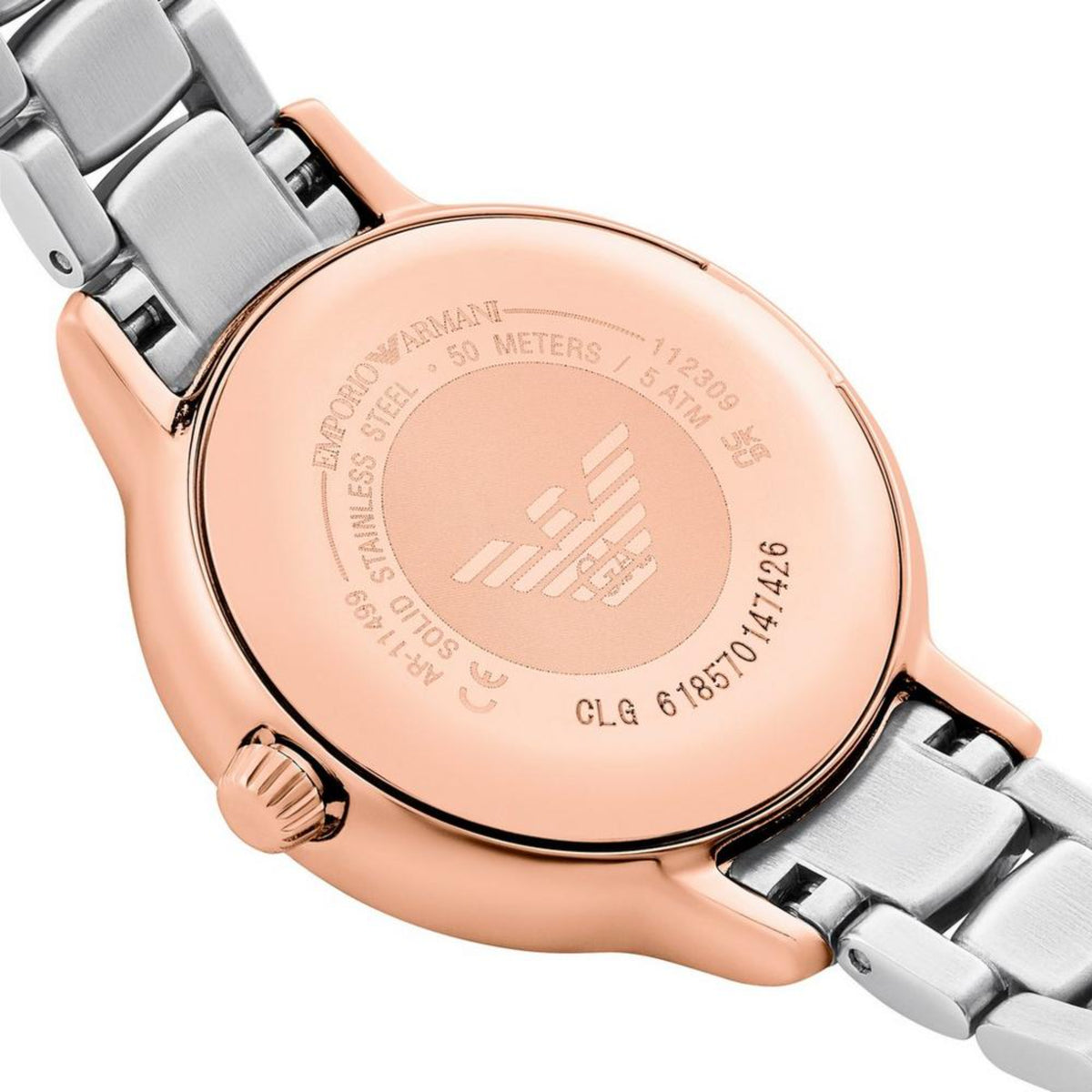 Emporio Armani Cleo watch close-up: rose-tone caseback on two-tone metal bracelet