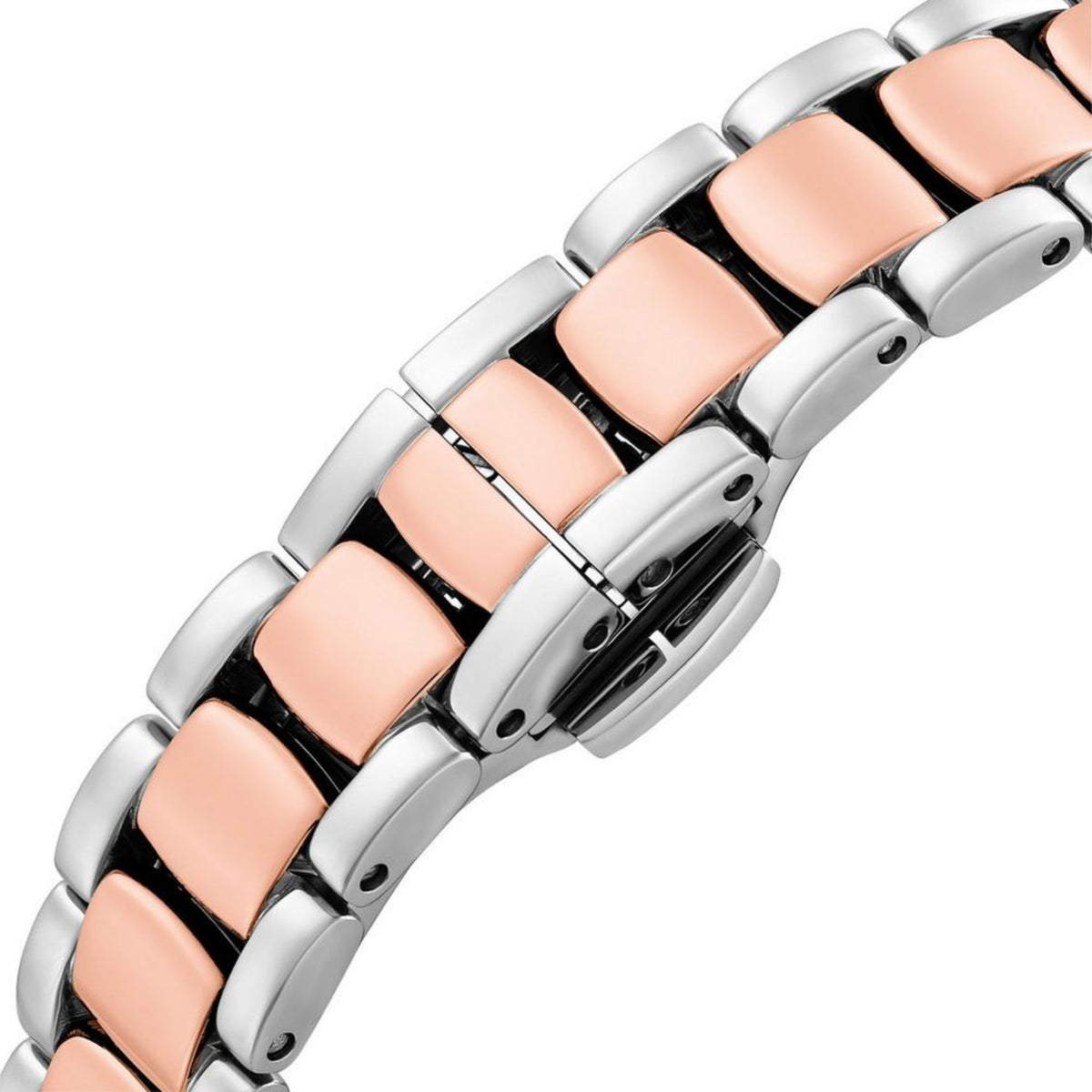 Two-tone metal watch bracelet with rose-tone center links and polished silver edges