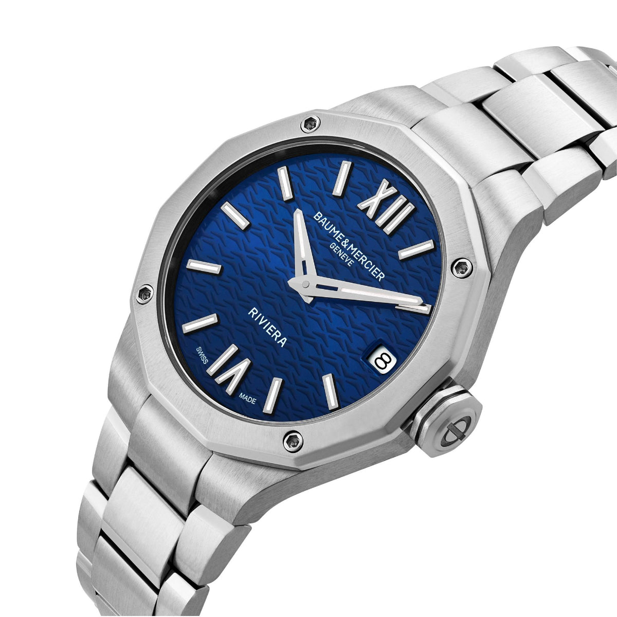 Women's stainless steel watch with blue textured dial, Roman numerals and date at 8