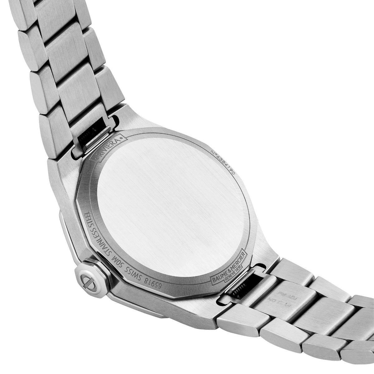 Stainless steel watch with brushed case back and adjustable metal link bracelet