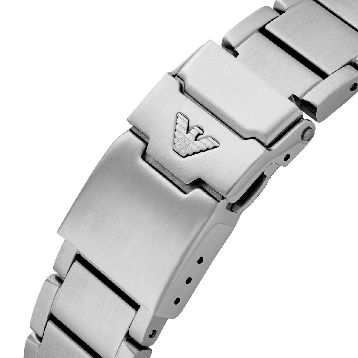 Detailed close-up of the Emporio Armani World Explorer AR11681 brushed steel clasp and brand emblem