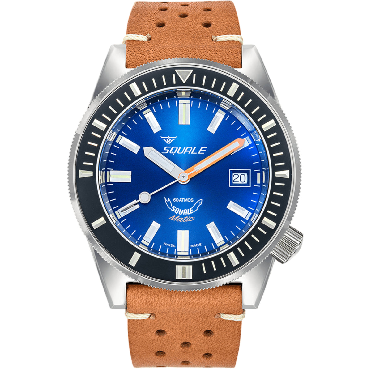 Men's automatic watch with dark blue dial, stainless case, tan leather strap, dive bezel