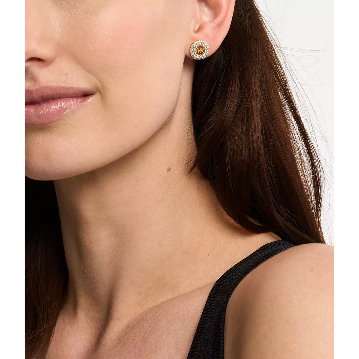 Michael Kors gold-tone pavé logo stud earrings on model