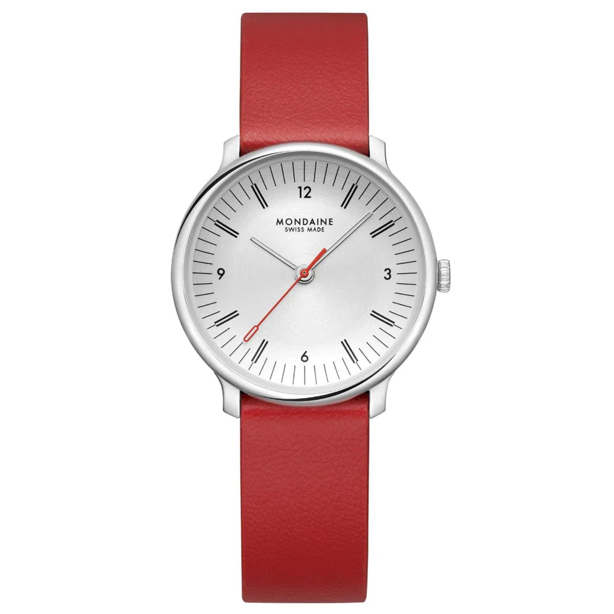 Front view of Mondaine Doppio MLE.33110.LCV watch, showcasing a stainless steel case, a red leather strap, a white dial with black hour markers, and the signature red second hand
