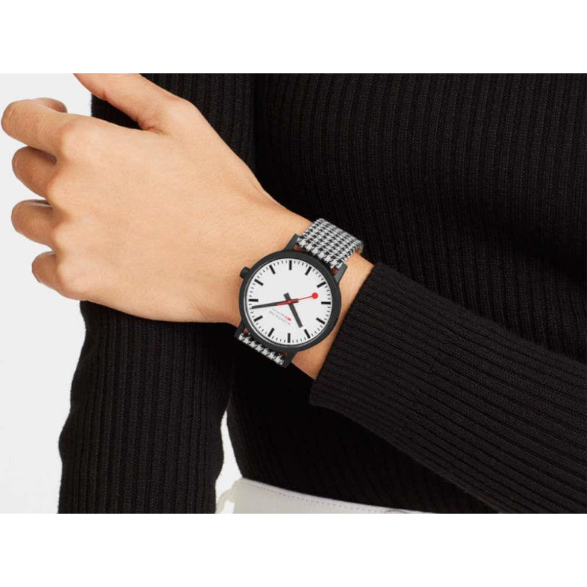 Mondaine Essence 41mm quartz watch with white dial and woven textile strap