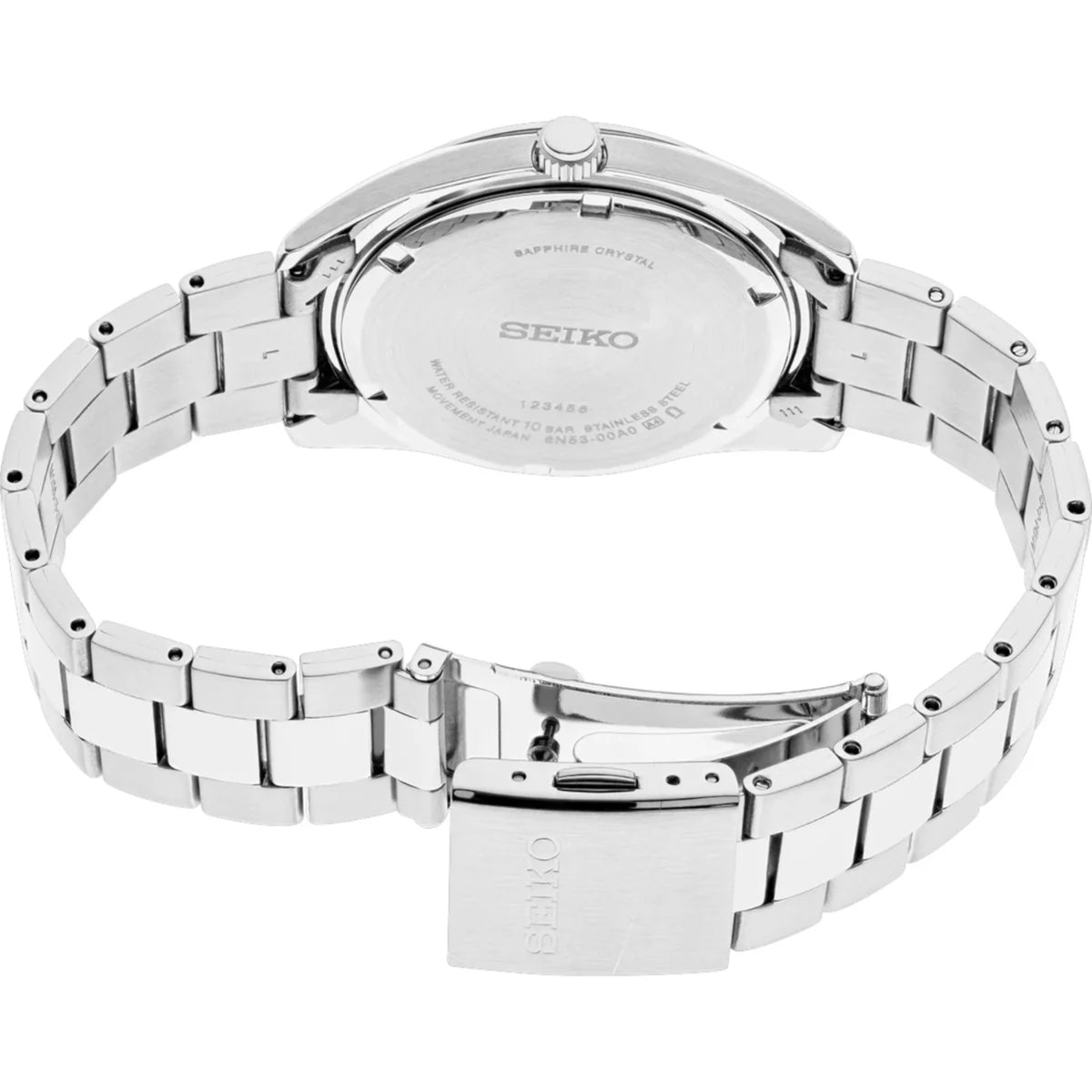 Rear view of Seiko SUR343P1 stainless steel bracelet and deployment clasp