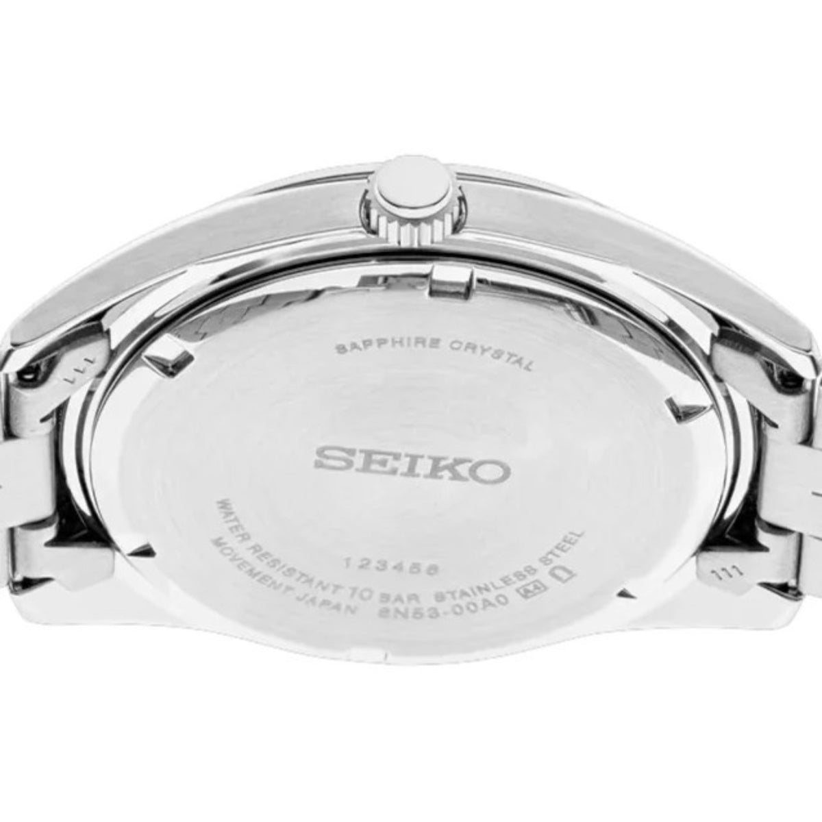 Detailed close-up of Seiko SUR343P1 caseback engravings including Seiko logo and specifications