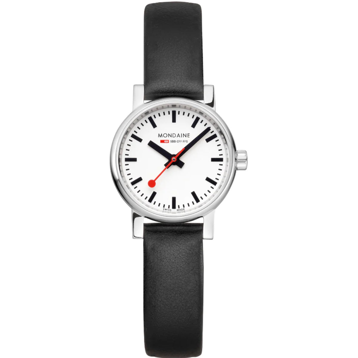 Front studio shot of Mondaine Evo2 MSE.26110.LBV 26mm ladies quartz watch with white dial and black leather strap