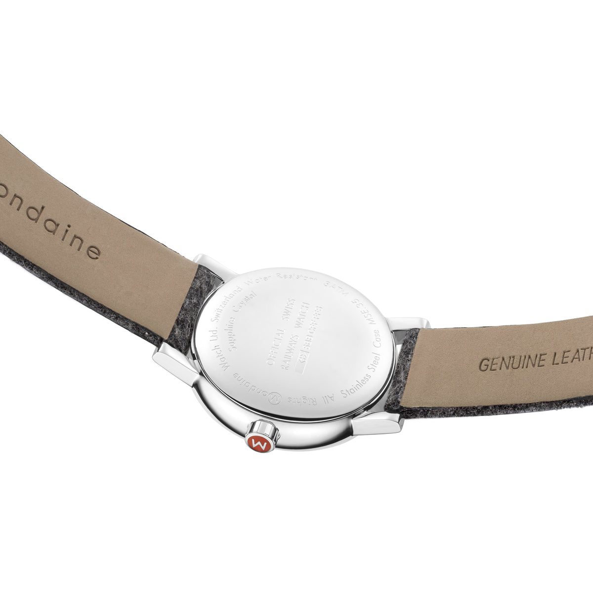 Quartz watch back with clasp; grey strap ends and “GENUINE LEATHER” text