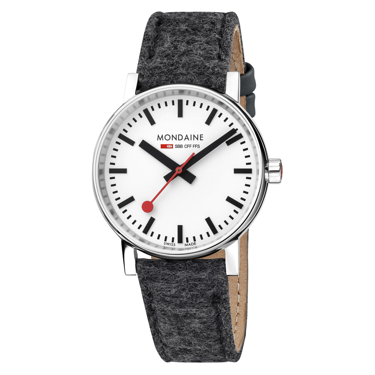Quartz watch with white dial, black markers, red seconds, grey synthetic strap