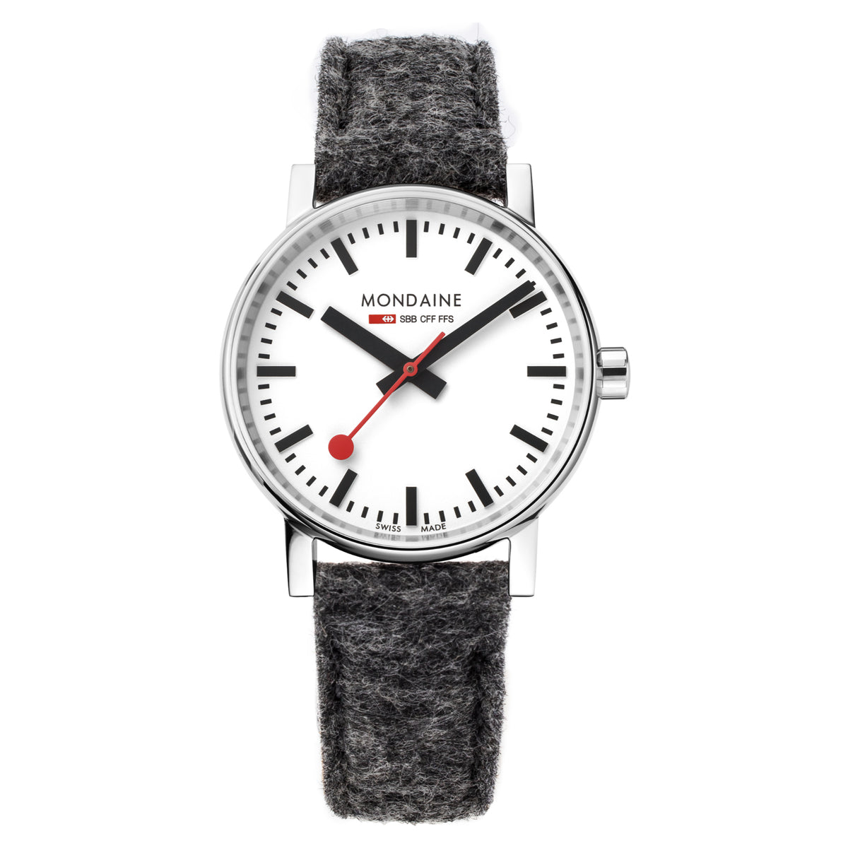 Quartz watch with white dial, red seconds hand, black markers, grey synthetic strap