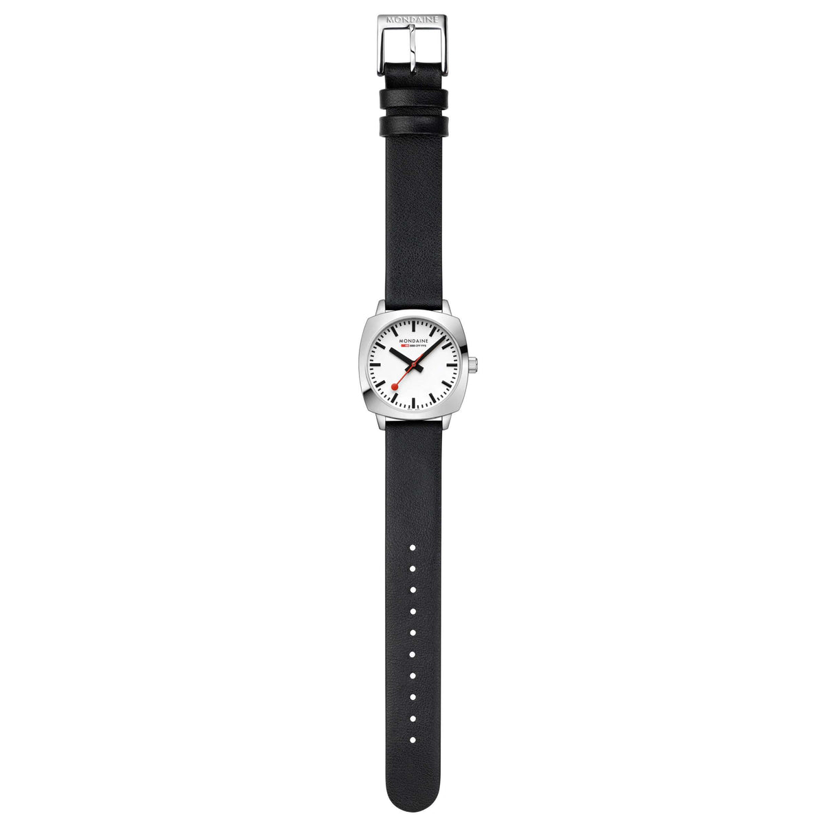 Mondaine Cushion MSL.31110.LBV full vertical view showing white dial laid flat with leather strap