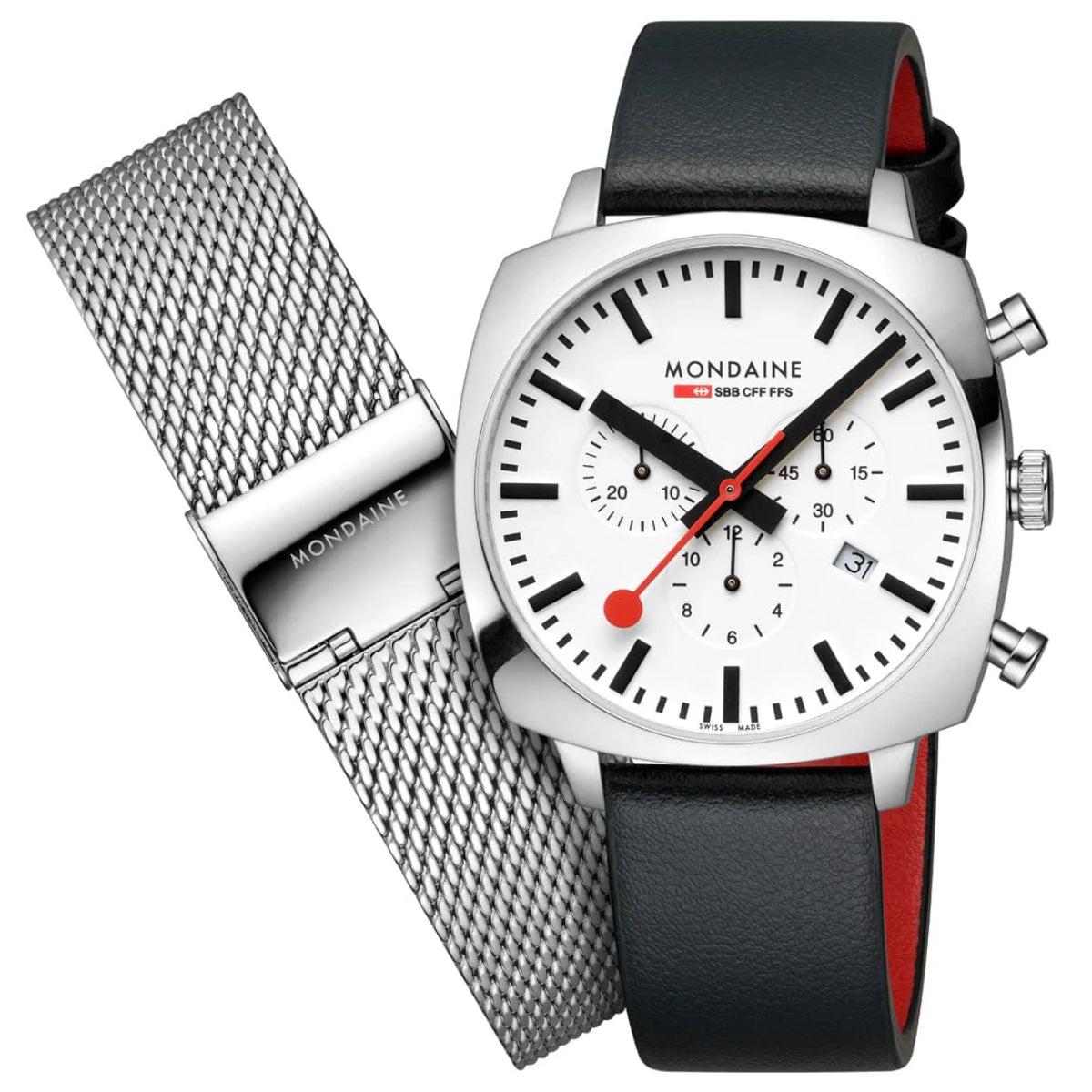 Mondaine Grand MSL.41410.LBV.SET watch set with black leather strap and interchangeable stainless steel mesh bracelet