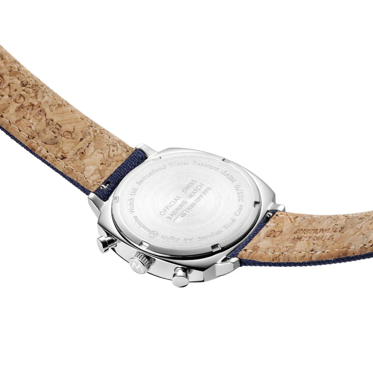 Back of square watch with stamped case and navy textile strap