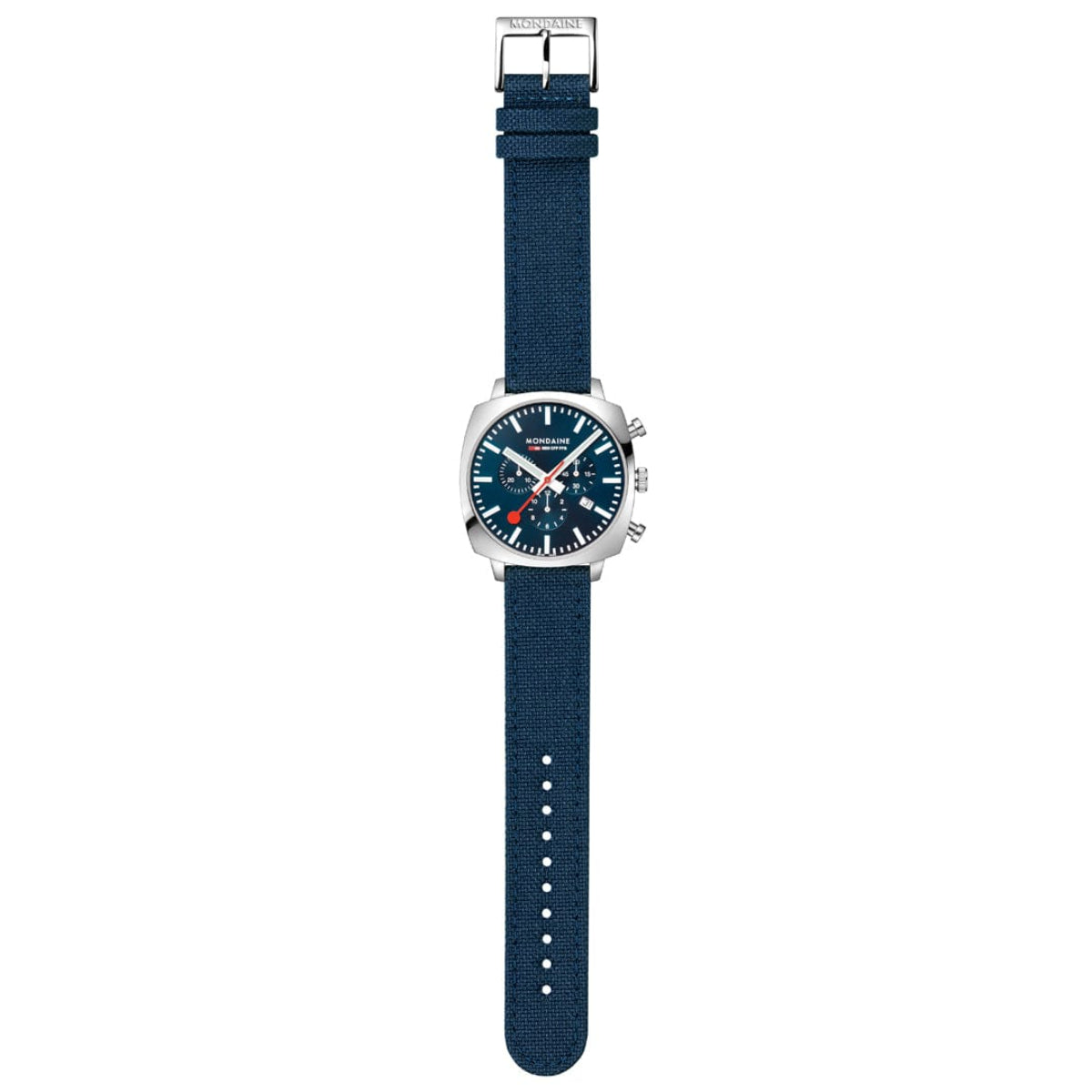 Blue dial square watch with navy textile strap and silver case, full view