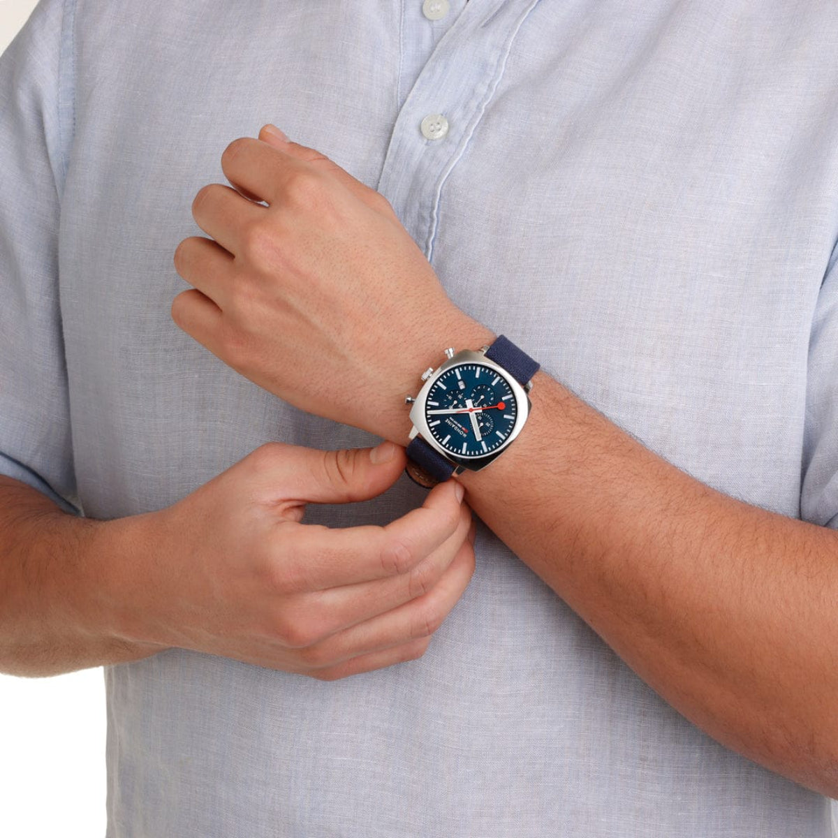 Mondaine cushion square textile strap watch with blue dial