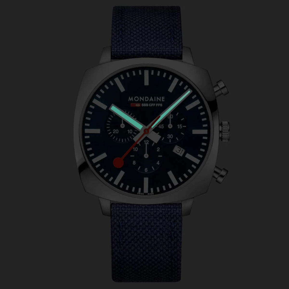 Blue dial square chronograph-style watch with navy textile strap and dark bezel