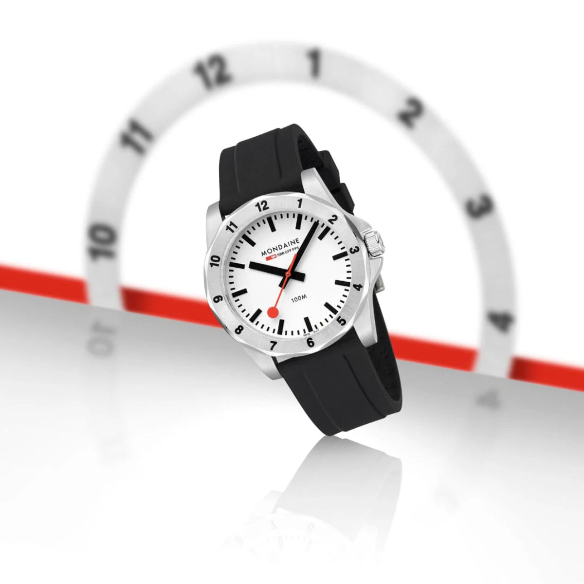 Mondaine Numeri men's quartz watch with white dial, silver bezel, black silicone strap