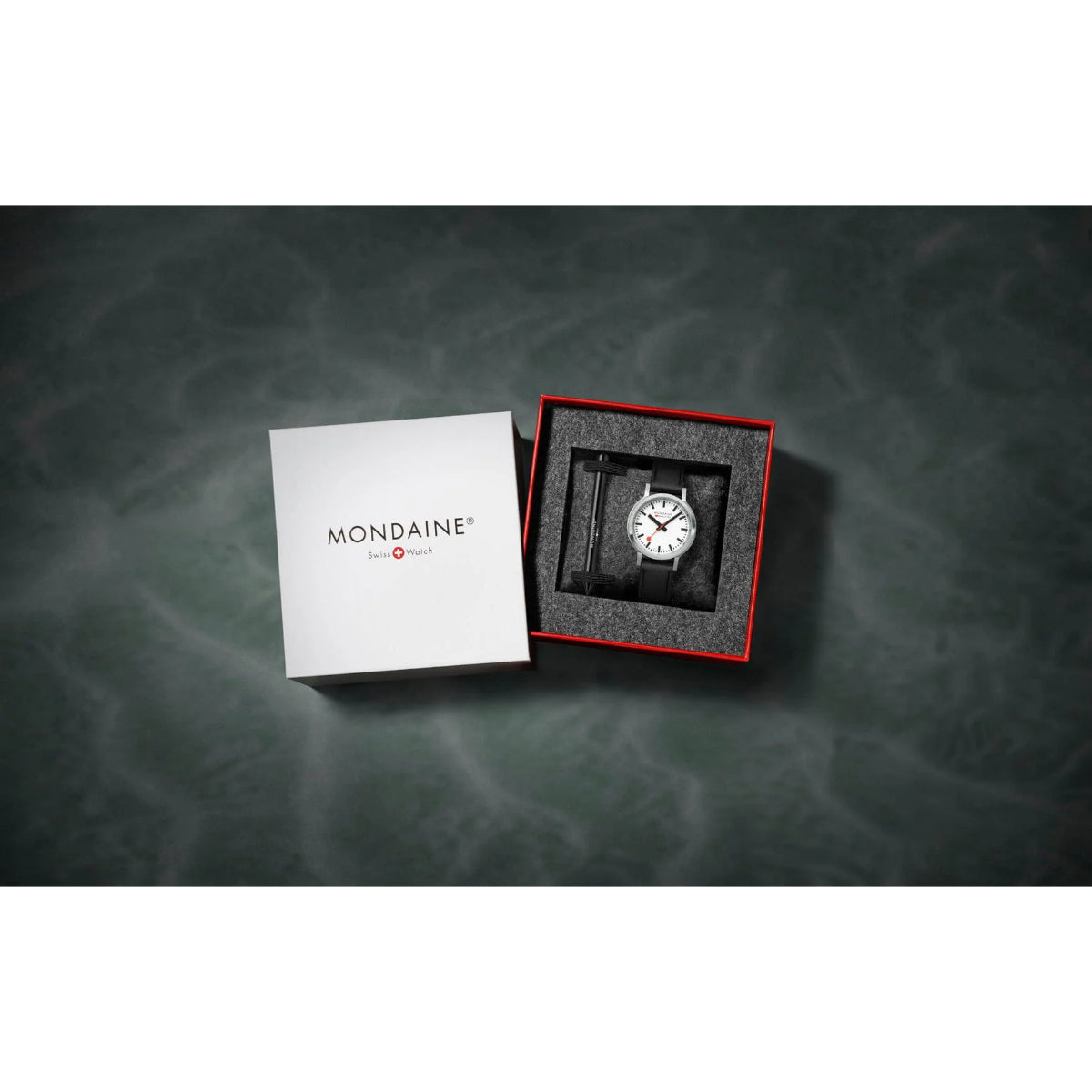 Mondaine quartz watch gift box set with white dial and black leather strap