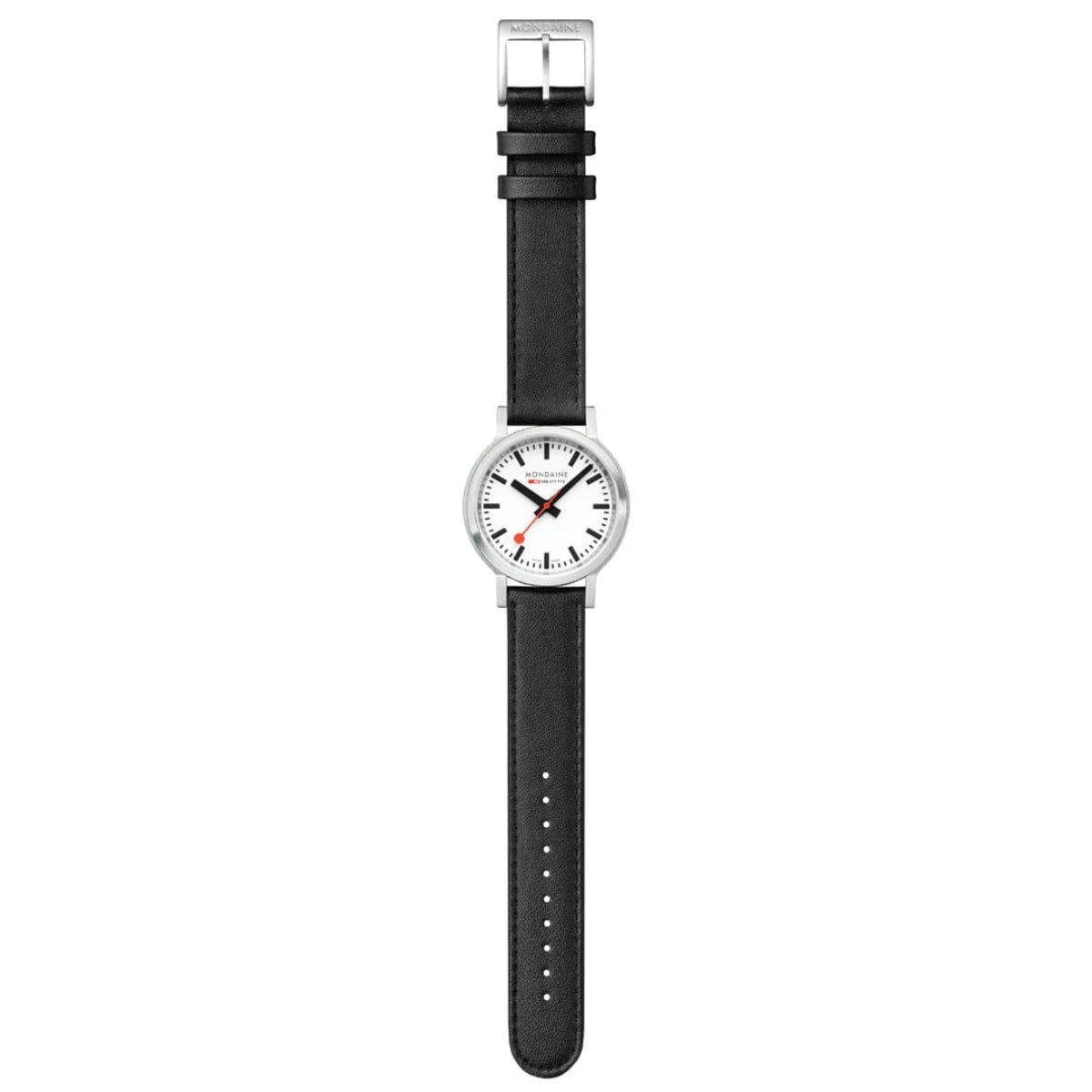 Mondaine quartz watch with black leather strap and silver-tone metal buckle