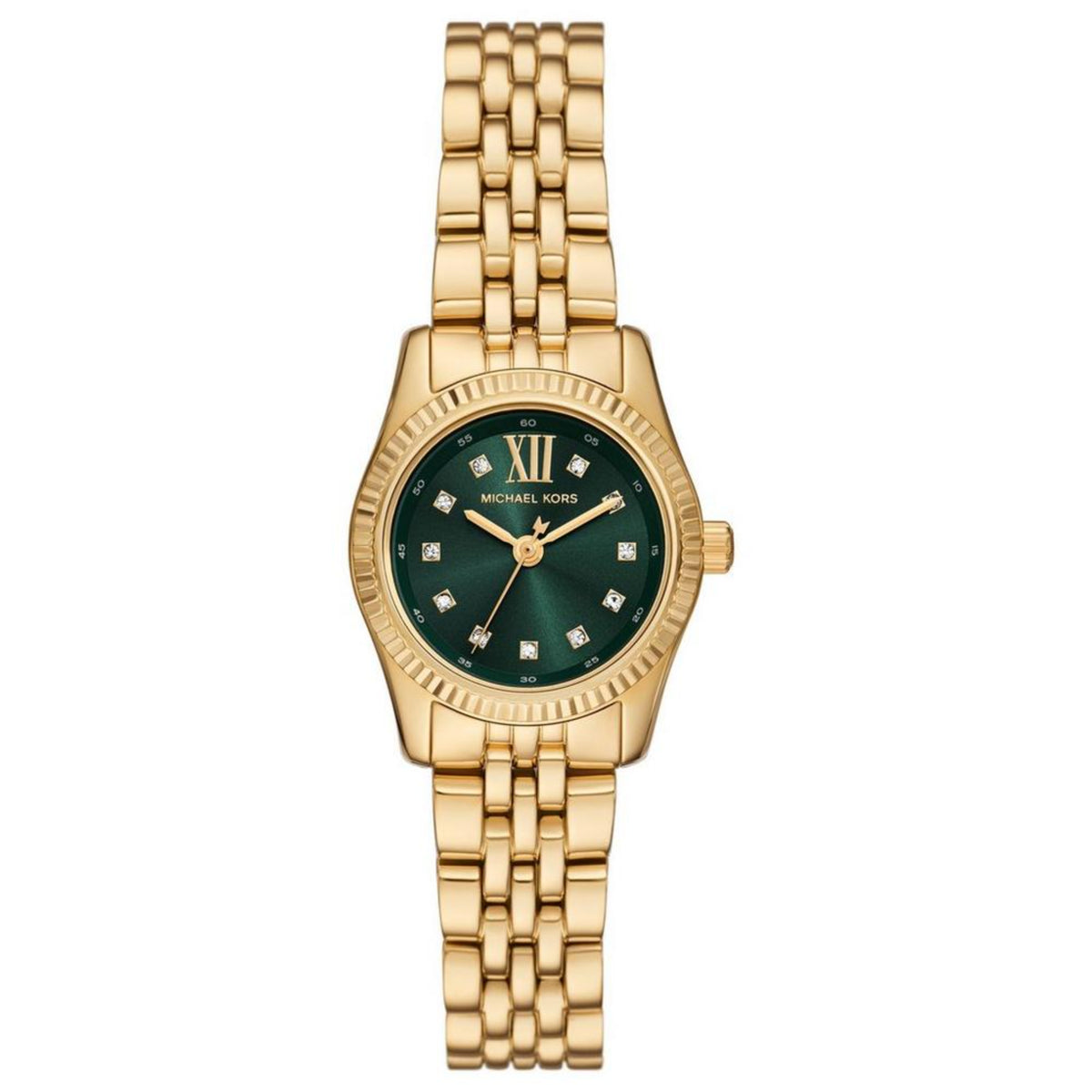 Gold-tone women’s watch with green dial, Roman numeral markers, and linked bracelet