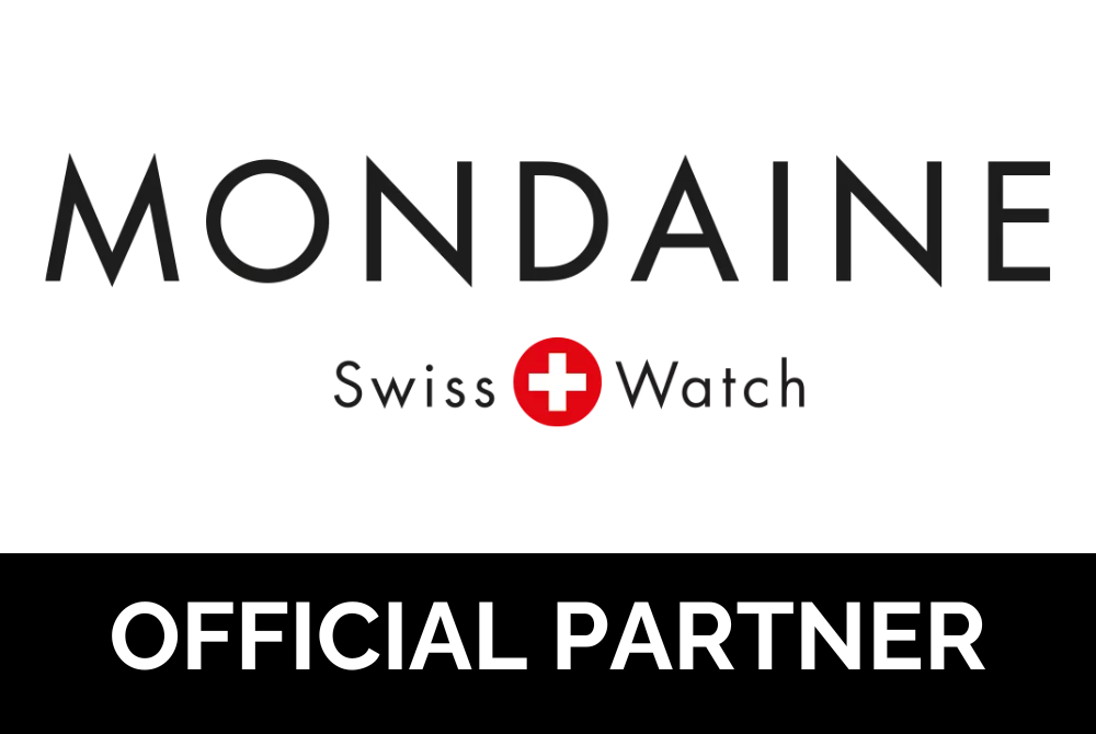 Mondaine Swiss Watch logo with 'Official Partner' text on a white background