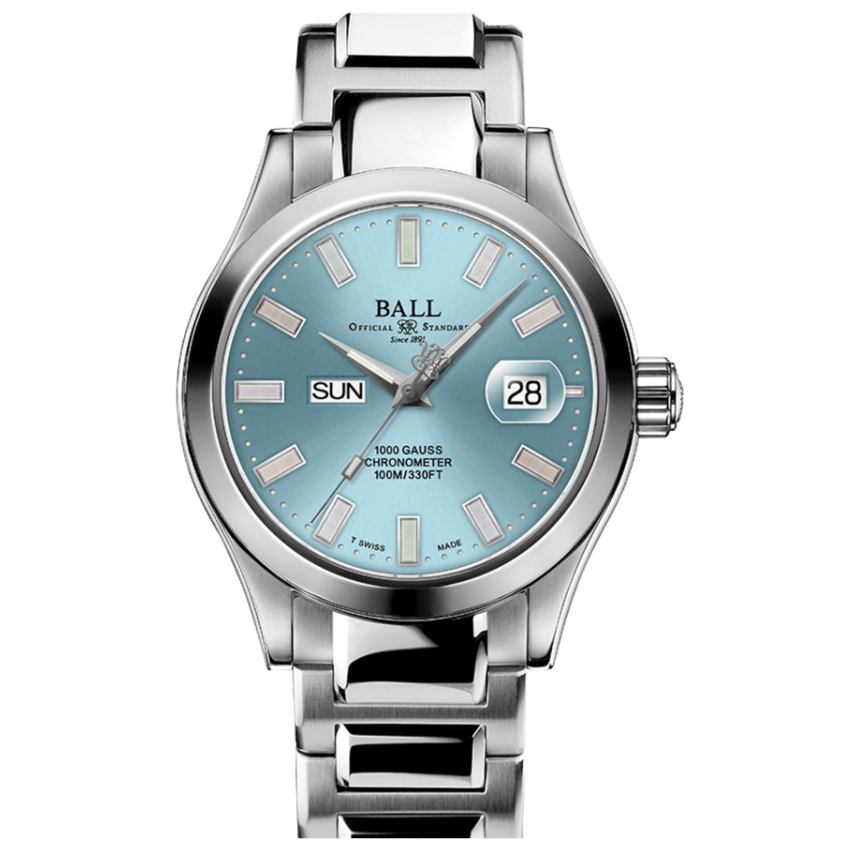 Ball Engineer III Marvelight NM9036C-S1C-IBER light blue dial mens automatic chronometer watch with stainless steel bracelet and day-date display