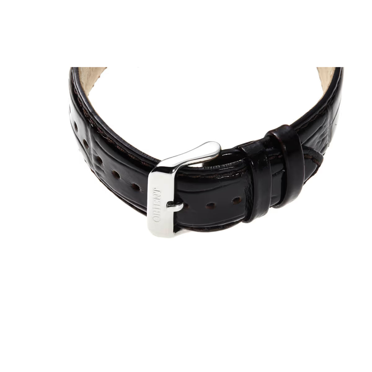 Black leather watch strap with silver buckle on an Orient automatic watch case
