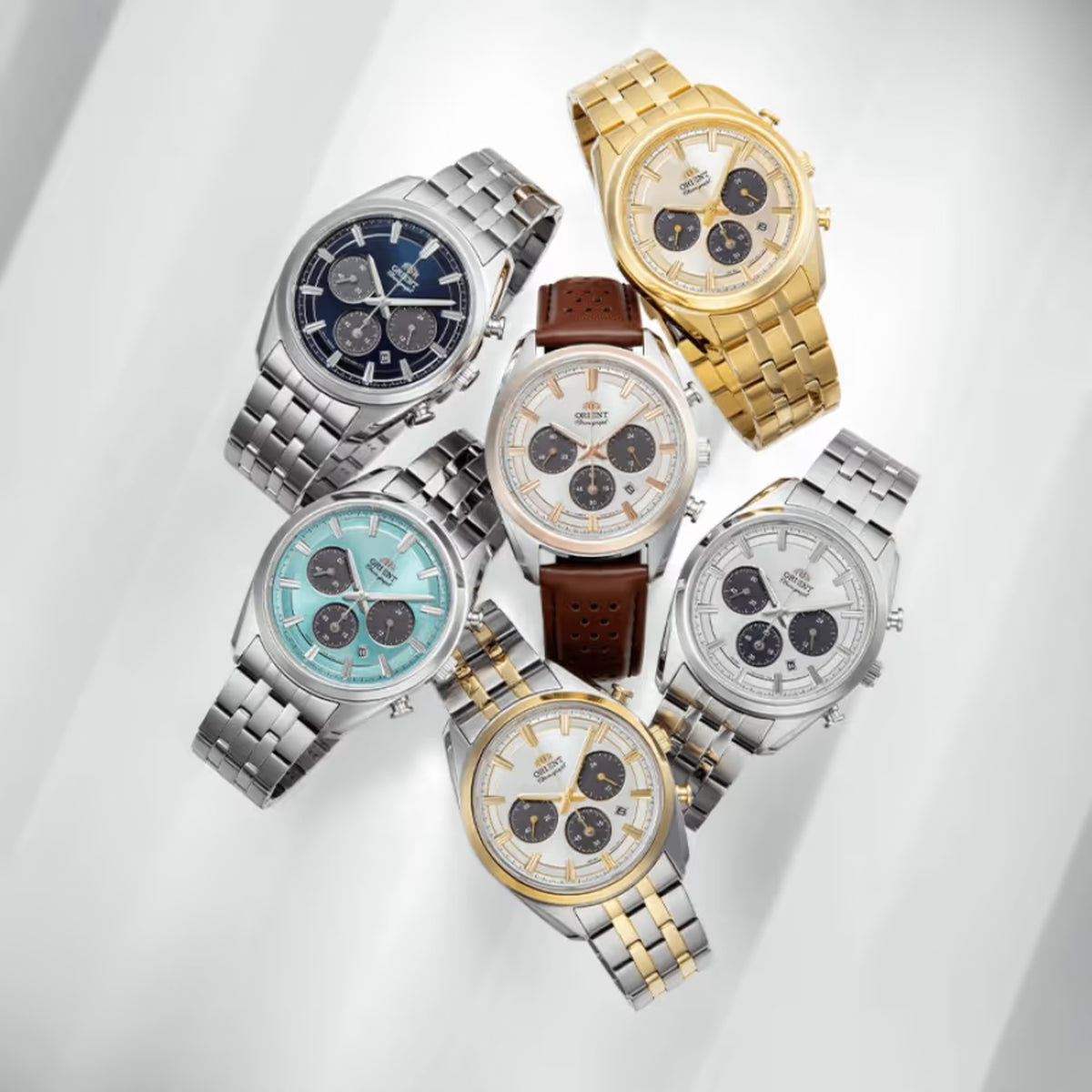 Mens solar chronograph wristwatch with blue dial and stainless steel bracelet