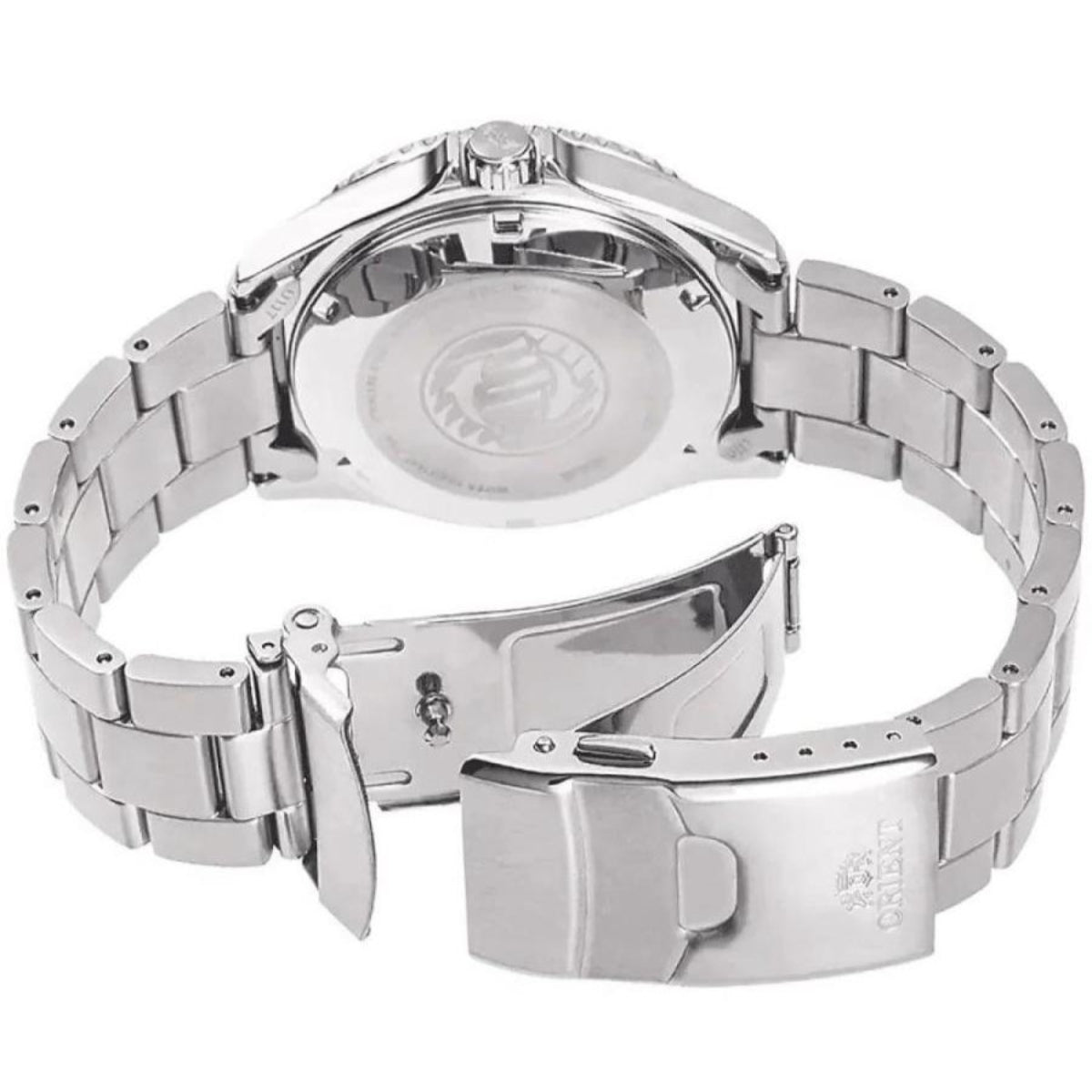 Rear view of the Orient Mako RA-AA0001B39B steel automatic watch displaying the engraved case back and stainless steel bracelet