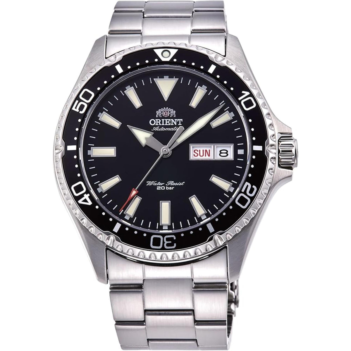 Front view of the Orient Mako RA-AA0001B39B mens automatic watch showing its 42mm black dial, luminous markers, and stainless steel bracelet