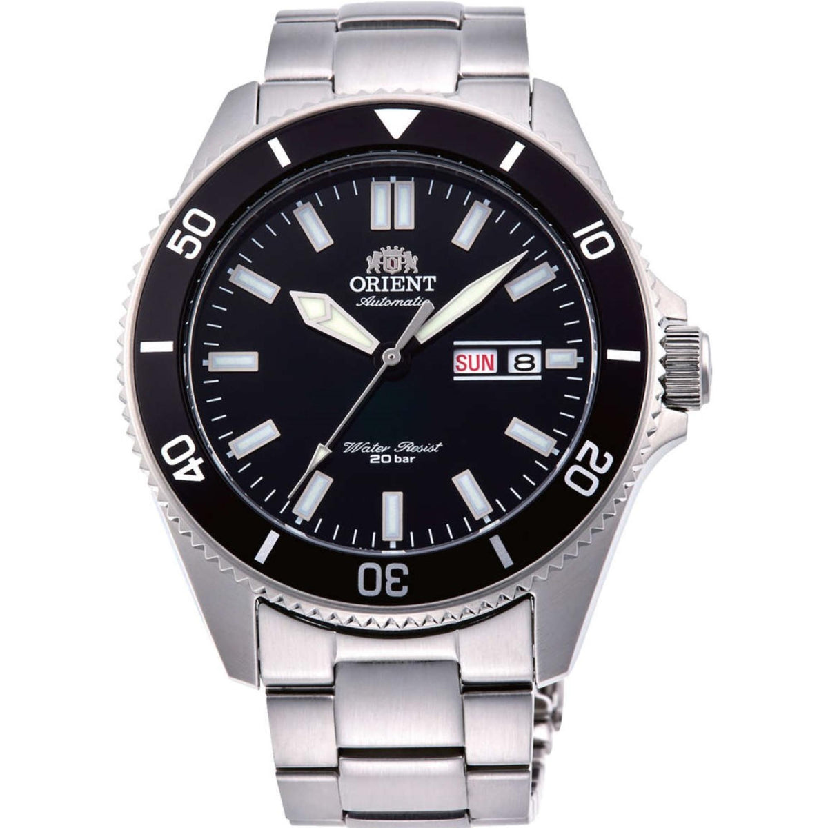 Men's steel automatic wrist watch with black dial, silver indices, and date window